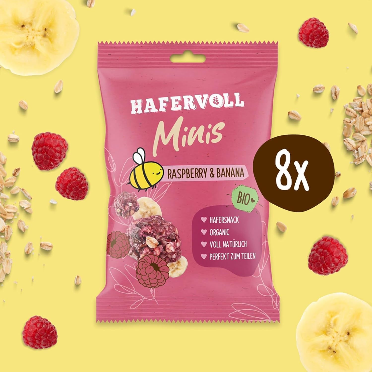 HAFERVOLL Minis řepka a banán 8x 65g – certifikované bio, s medem, bez přidaného cukru, ideální pro sdílení