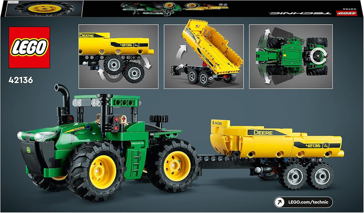 LEGO Technic John Deere 9620R 4WD traktor se sklápěcím přívěsem Klasická farmářská hračka pro děti Kluky a dívky 8letá sběratelská stavebnice modelu 42136 Stavebnice Besuche den LEGO-Store