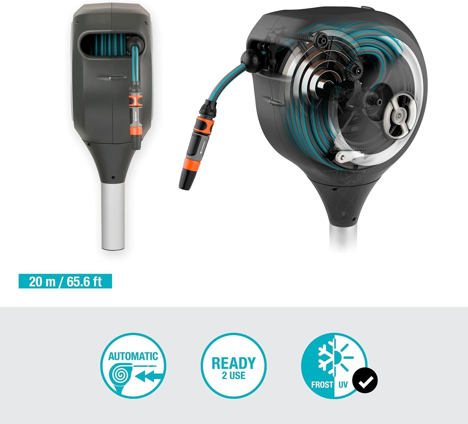 Cutie pentru furtun de grădină Gardena RollUp M (albă) 20 m: Cutie pentru furtun rotativă, ghidaj integrat pentru furtun, incl. furtun de calitate Gardena de 20 m, țăruș de sol și ajutor de montare (18616-20)