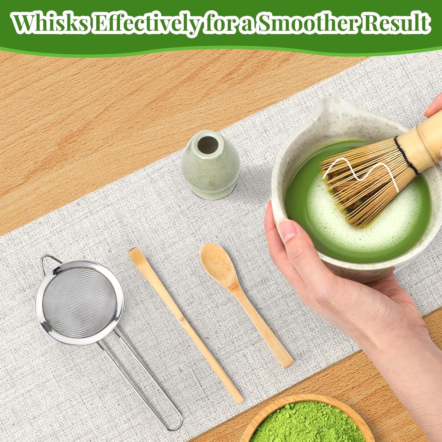 Set Matcha Alyvisun, Set de Ceai Matcha cu 5 Piese cu Tel Matcha și Suport pentru Tel Matcha, Linguriță, Lingură de Ceai, Set Tel Matcha pentru Iubitorii de Matcha, Ideal pentru Începători și Entuziaști