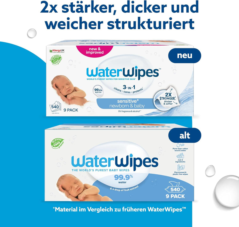 WaterWipes Sensitive+ vlhčené ubrousky pro novorozence a kojence, 540 kusů (9 balení), 3 v 1 čištění, péče, ochrana, 99,9 % vody, bez parfemace