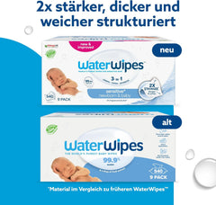 WaterWipes Sensitive+ vlhčené ubrousky pro novorozence a kojence, 540 kusů (9 balení), 3 v 1 čištění, péče, ochrana, 99,9 % vody, bez parfemace