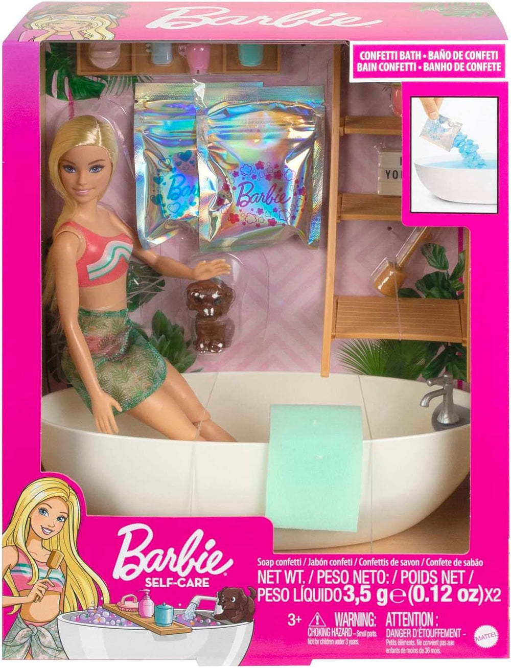Barbie Self-Care Series, Confetti Bath, păpușă Barbie cu păr blond, costum de baie, cățeluș, 2 pachete de săpun Confetti, accesorii Barbie, 1X păpușă Barbie inclusă, potrivită ca un cadou, Hkt92 Papusi Naty Shop