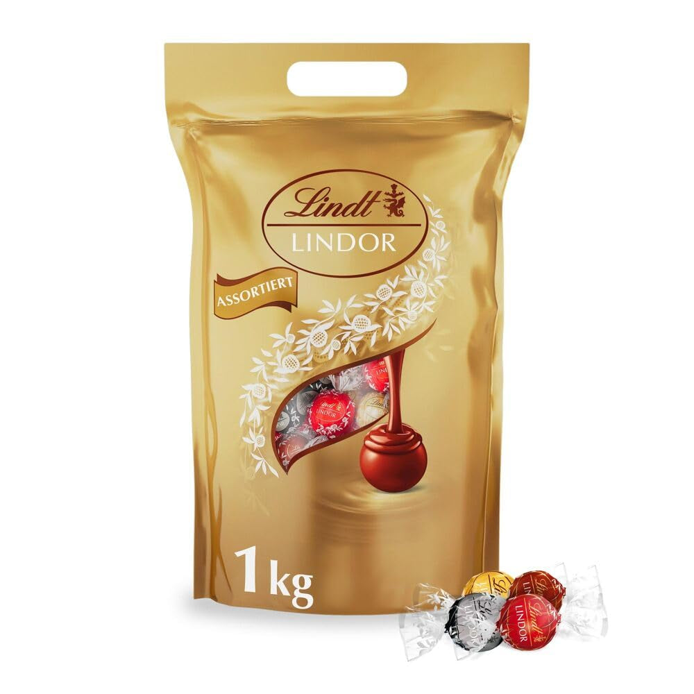 Klasický sortiment čokoládových kuliček Lindt LINDOR | cca. 80 kuliček čokolády (mléčná, bílá, hořká 60%, oříšková) | Velké balení, 1 kg