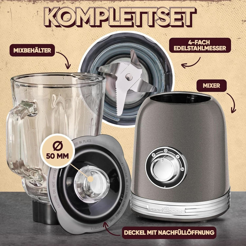 Proficook® Mixer Standmixer Mit Massivem 1.5L Glas-Behälter, Ice Crush & Turbo-Modus - Blender Mit 4Fach Piranha-Messer Aus Edelstahl - Hochleistungsmixer Mit Metallgehäuse 800W, PC UM 1195 Anthrazit Mother and Child Naty Shop