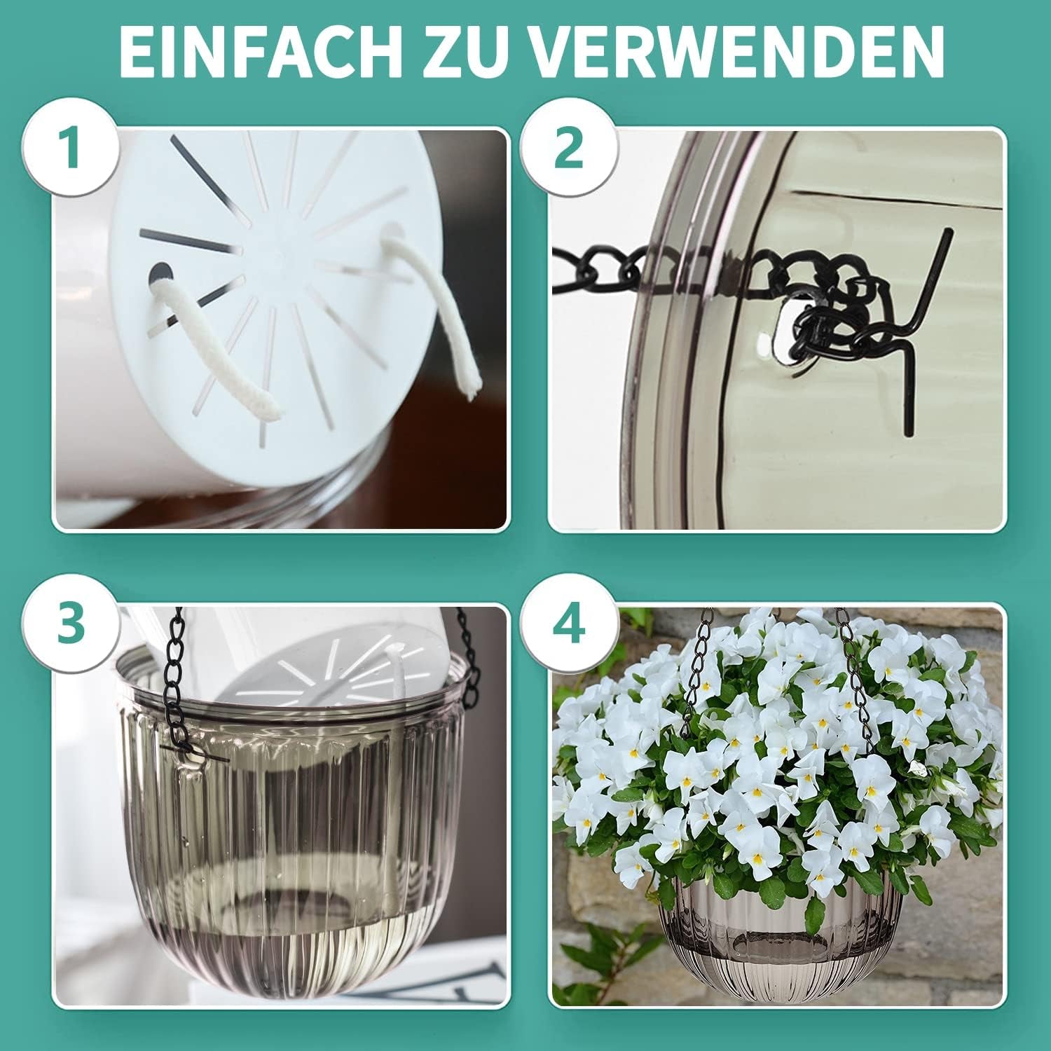 Sada 2 samozavlažovacích závěsných květináčů, 16,5 cm vnitřní závěsný květináč se 3 háčky a drenážními otvory pro vnitřní a venkovní použití, dekorace na strop, balkon a stěnu (šedá)