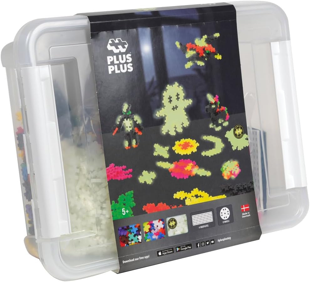 Plus-Plus 9603919 Geniales Konstruktionsspielzeug, Basic XXL Mega-Set, Glow in The Dark, Kreativ-Bausteine, 2000 Teile, Ab 5 Jahren