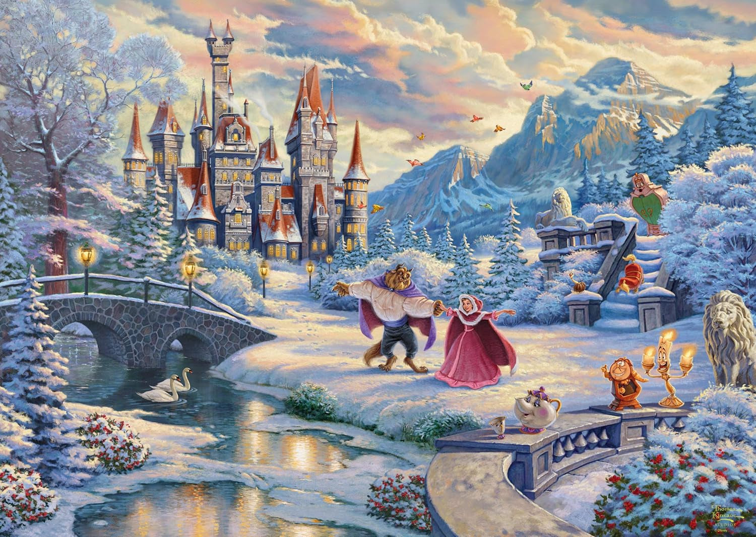 Schmidt Spiele 59671 Thomas Kinkade, Disney, Kráska a zvíře, Kouzelný zimní večer, skládačka 1000 dílků Puzzle Naty Shop