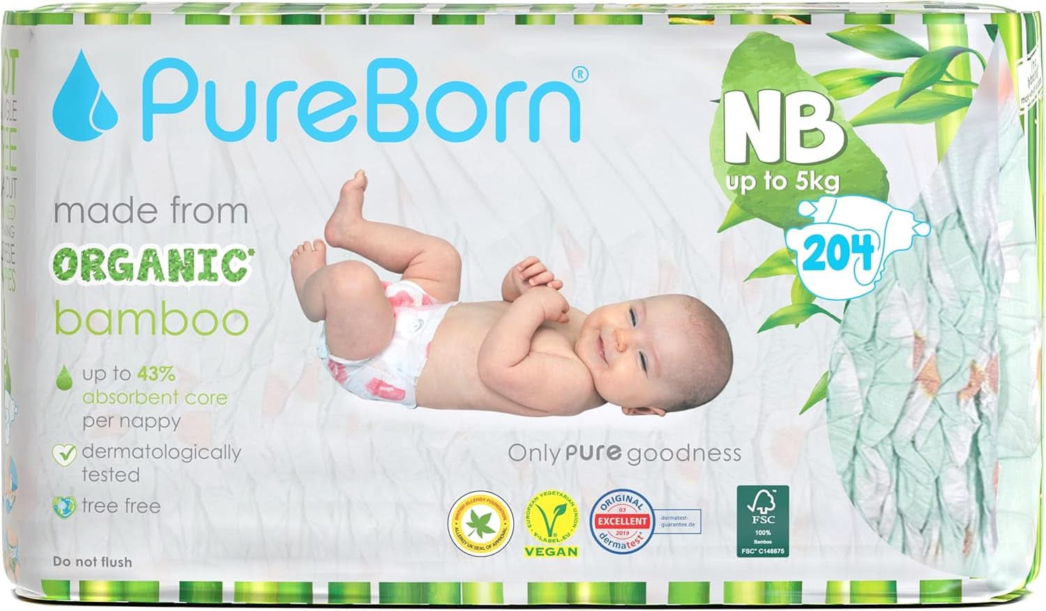 Bio bambusové plenky Pureborn Eco, velikost pro novorozence do 5 kg, ultra měkké, hypoalergenní, s indikátorem vlhkosti, různé potisky Mother and Child Naty Shop Newborn (204 ks)