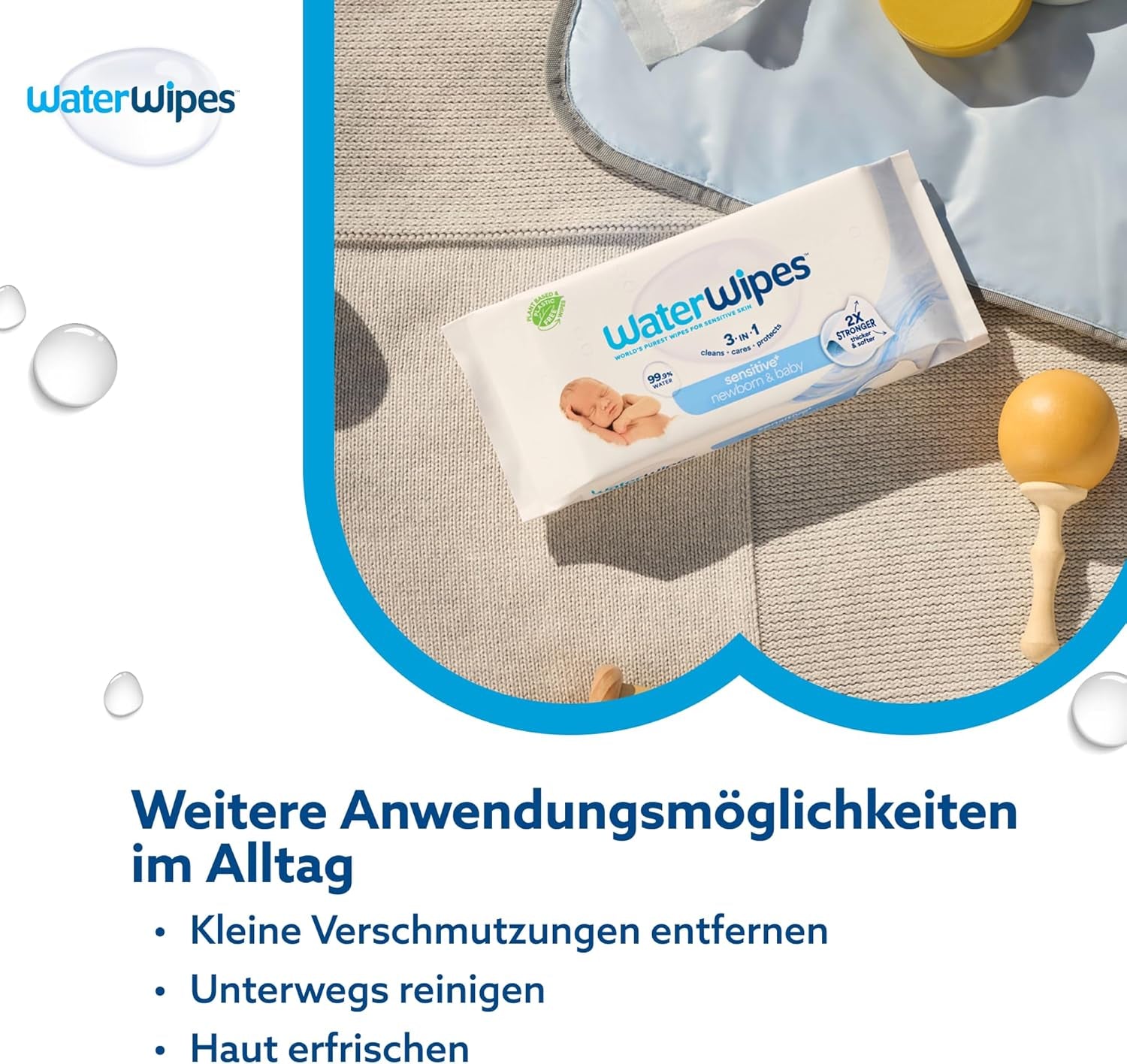 WaterWipes Sensitive+ vlhčené ubrousky pro novorozence a kojence, počet 720 (12 balení), 3 v 1 čištění, péče, ochrana, 99,9 % vody, bez parfemace