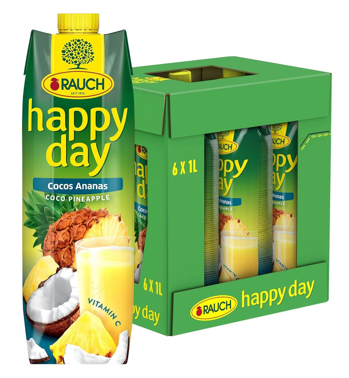 Rauch Happy Day Kokos-ananas | Výlet do Karibiku | Ananasová ovocná šťáva a kokosová voda | 6 x 1 litr, Tetra Prisma Nealkoholické nápoje Naty Shop