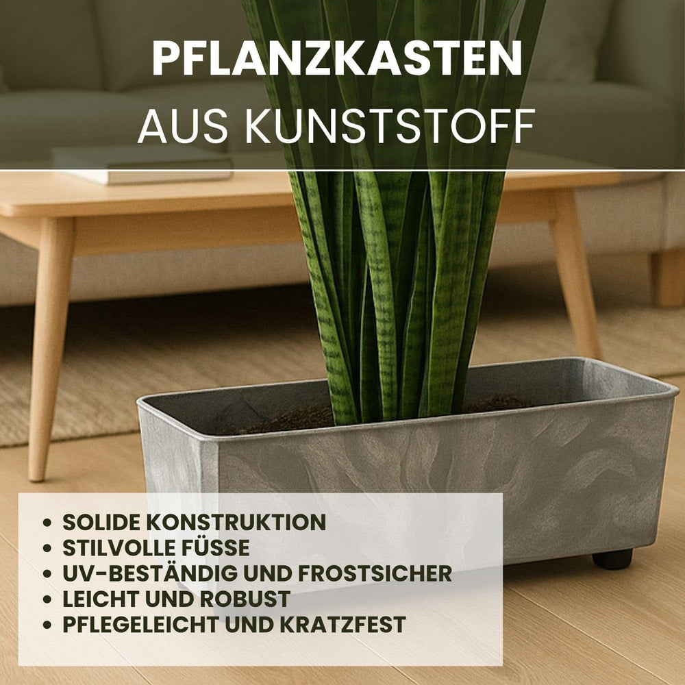 Jardinieră dreptunghiulară LAMELA cu picioare elegante – Ghiveci gri cu aspect de beton, fabricat din plastic robust, 37x17 cm, 6L – Rezistent la intemperii și ușor de curățat – Pentru interior și exterior