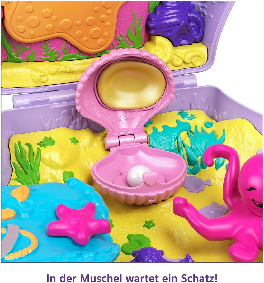 Cutie de depozitare Polly Pocket, geantă cu scoici și temă subacvatică, cu 2 păpuși și 1 submarin, jucărie sirenă Polly Pocket, jucărie pentru vârste de 4 ani și peste, GNH11