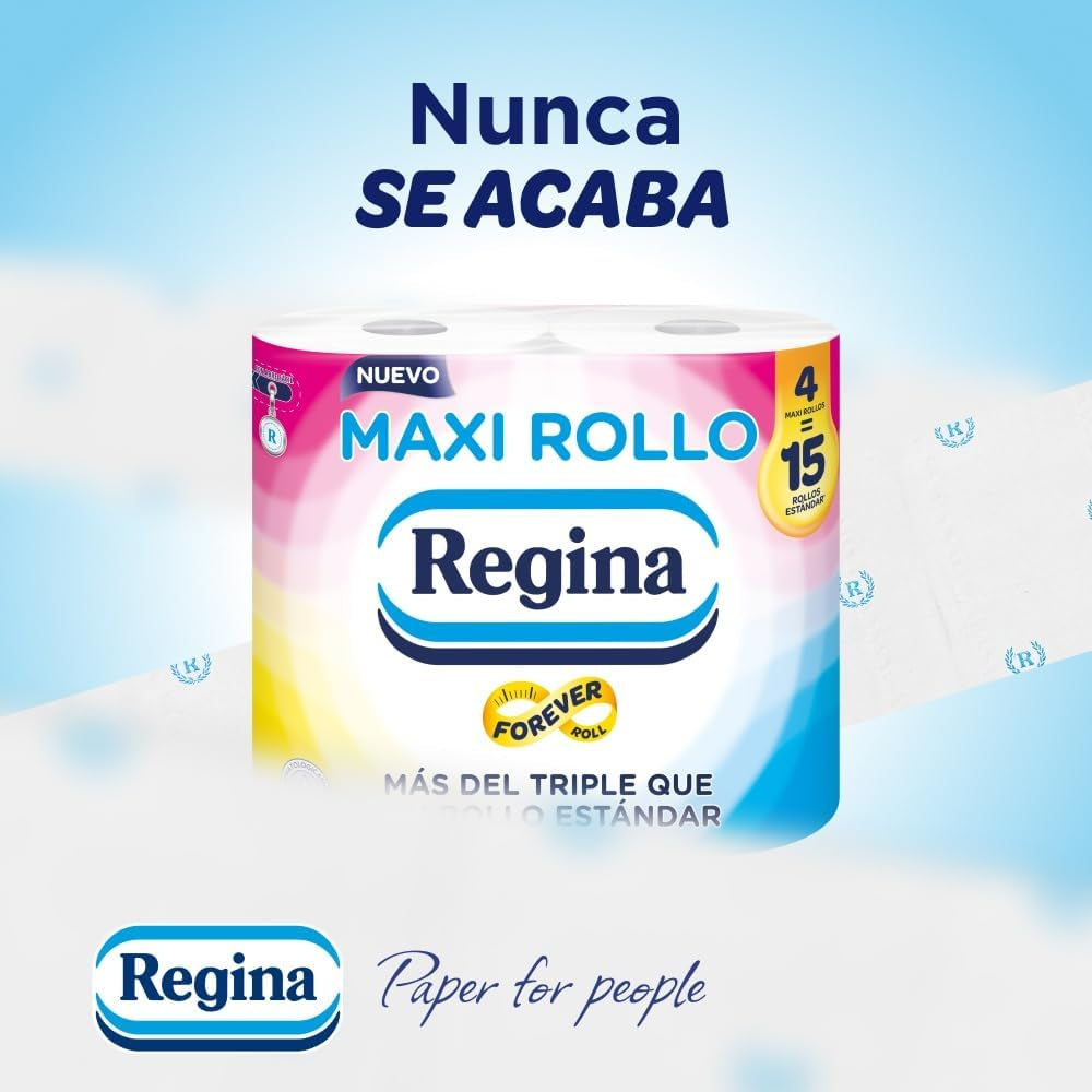 Regina Maxi-Roll - 4 role de hârtie igienică, 500 de foi cu 2 straturi per rolă, de mai mult de trei ori o rolă standard, 60% ambalaj din plastic reciclat, 100% hârtie certificată Fsc