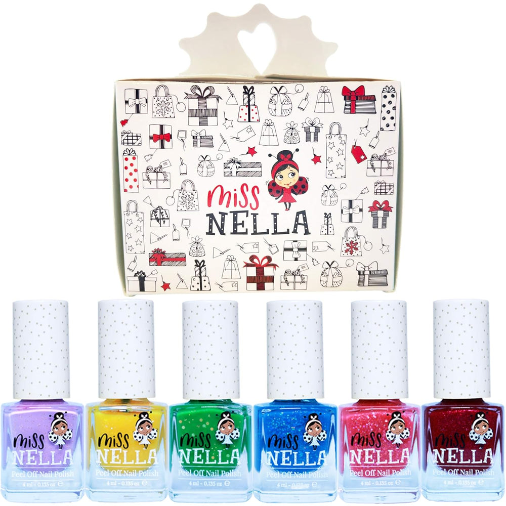 Sada 4dílných třpytivých laků na nehty Miss Nella Magic Collection: růžový, červený, zlatý a modrý, dětský speciální snímatelný lak na nehty, netoxický, na vodní bázi, bez zápachu