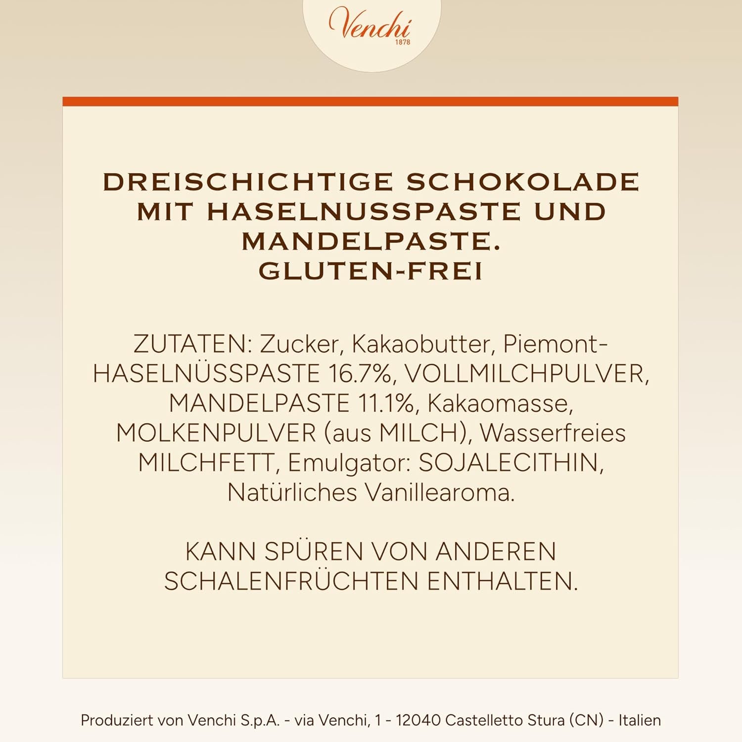 Venchi - Cremini 1878 - Třívrstvá čokoláda s gianduja s mléčnou a mandlovou pastou, "Piemontese Hazelnuts CHZO", 1 kg, bez lepku, bez barviv a bez konzervantů