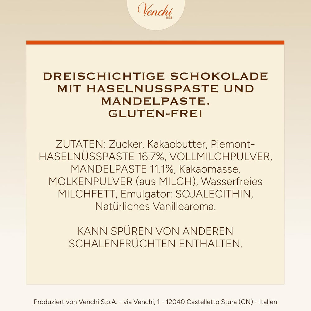 Venchi - Cremini 1878 - Třívrstvá čokoláda s gianduja s mléčnou a mandlovou pastou, "Piemontese Hazelnuts CHZO", 1 kg, bez lepku, bez barviv a bez konzervantů