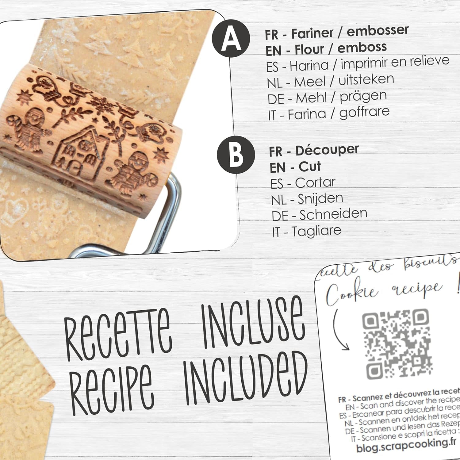 ScrapCooking 3798 Sada vánočního cukroví – 3 Mini-Gebäckrollen aus Holz mit Motiven – Dekos mit Prägung – Form für Kekse, Sandgestrahlt, Kekse