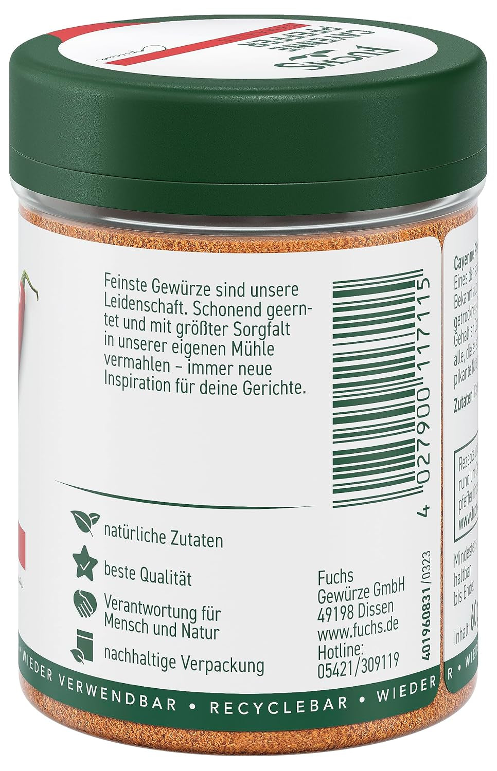 Fuchs Gewürze - Cayennepfeffer gemahlen - für einen scharfen Geschmack in allerlei Gerichten - natürliche Zutaten - 60 g in wiederverwendbarer, recyclebarer Dose