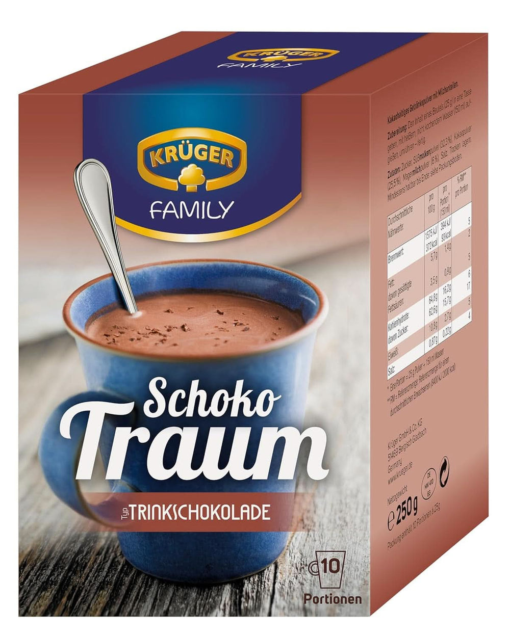 KRÜGER Family, Pudră de cacao pentru ciocolata calda, 8 cutii x 10 plicuri, 8 x 250 grame Cacao si Ciocolata Calda Naty Shop