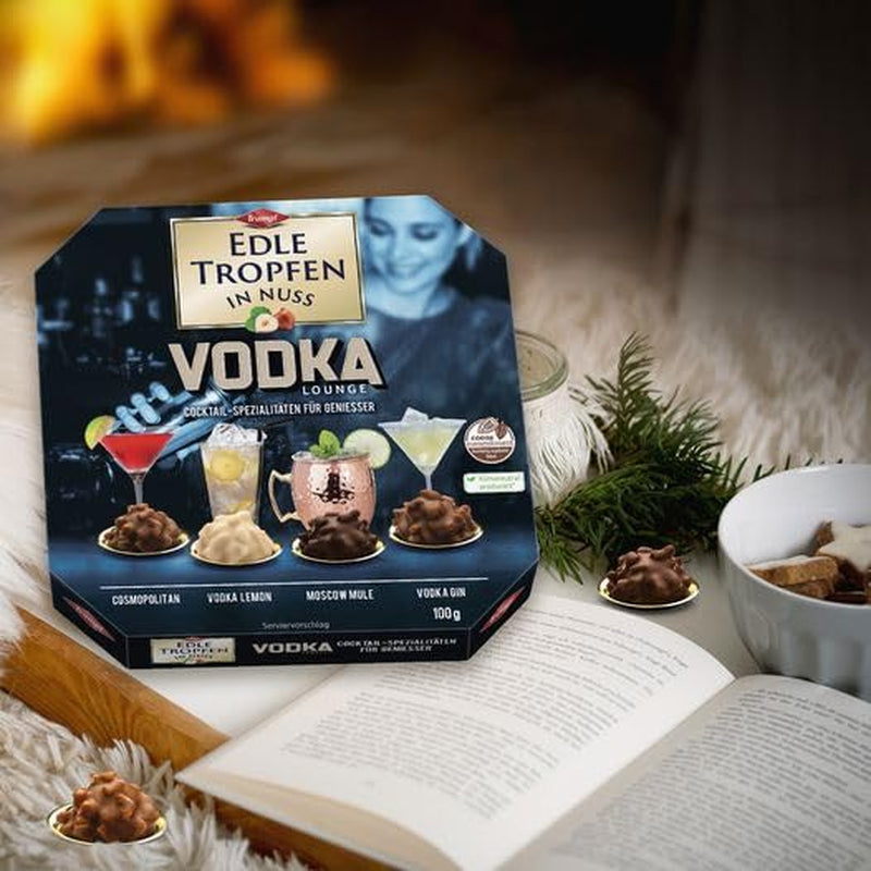 Edle Tropfen v Nuss Vodka Lounge 100g, tekuté čokoládové pralinky s polevou z mléčné čokolády a křupavými kousky lískových oříšků