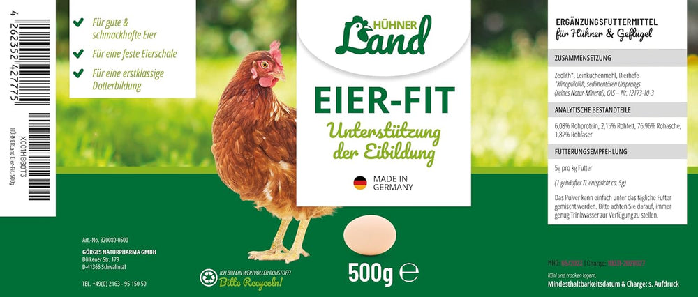HÜHNER Land Eier-Fit für Legehennen 500g - Futterergänzung für Hühner, Legeleistung Zusatz für Hühner, Zusatz Eier, Eibildung, kräftiger Dotter, stabilní Schale, gesunde Eier, Vitamine