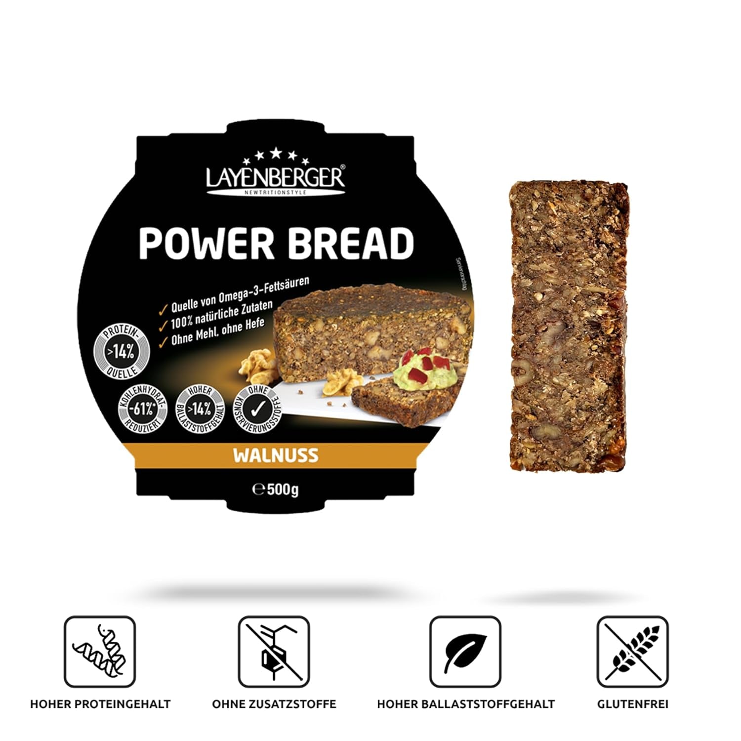 Layenberger Prower Bread Walnut, Eiweiß- Und Ballaststoffquelle, Ohne Konservierungsmittel, Ohne Hefe, Ohne Mehl, Mit 14G Protein Pro 100G, (1 X 500G) Směs na pečení a vaření Naty Shop