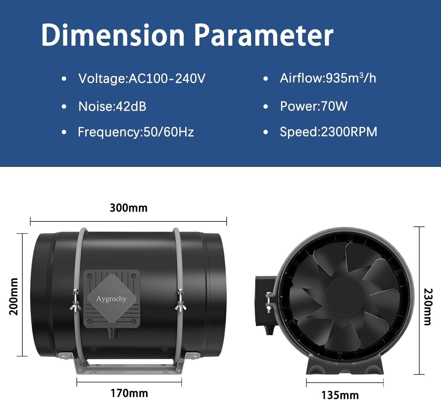 Aygrochy 200mm 70W nastavitelný potrubní ventilátor EC motor Odsávací ventilátor pro vytápění, chlazení, posilovače, pěstební stany, hydroponii, domácnost, ventilaci a výfukový ventilátor.