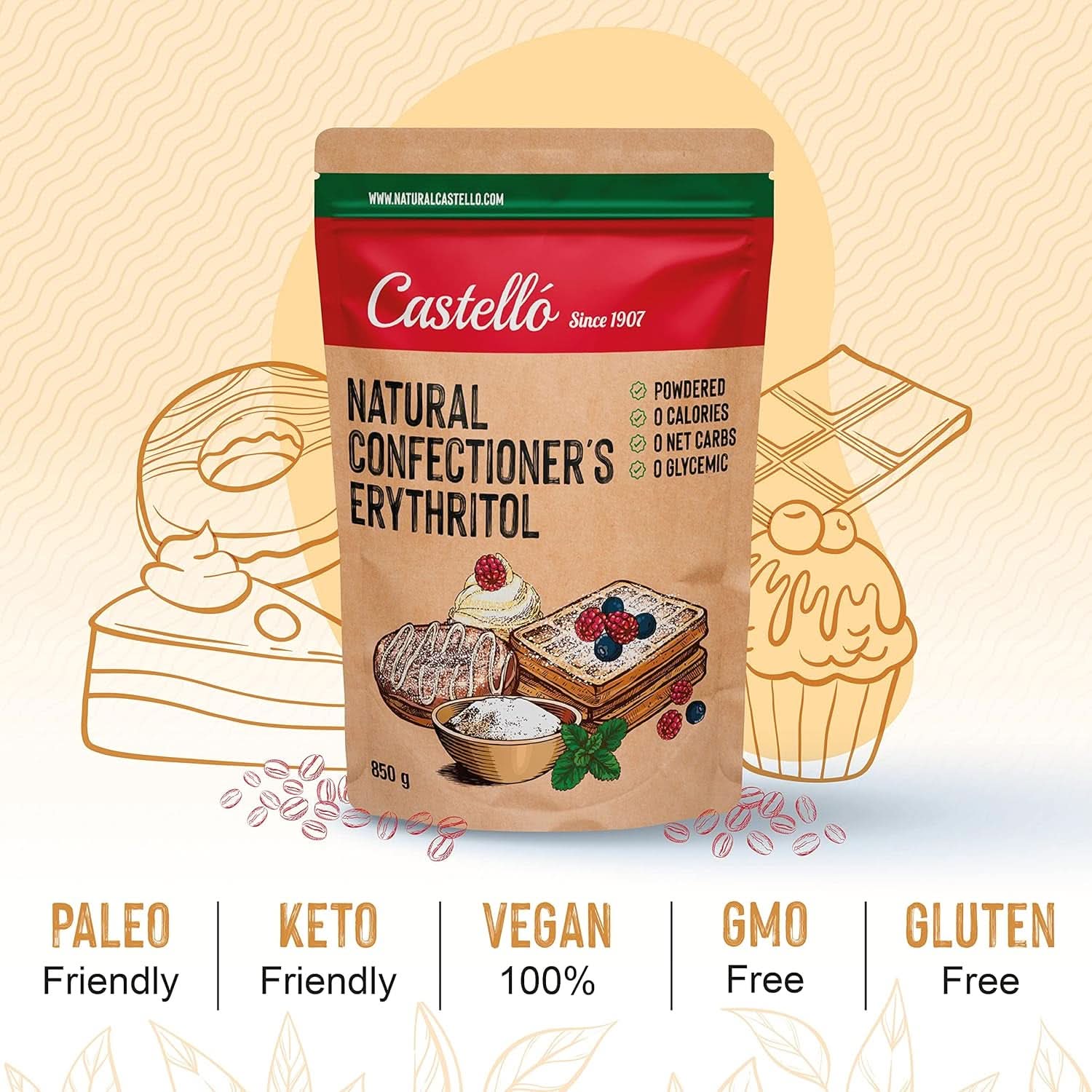 Přírodní erythritol - moučkový cukr | 10G = 7G cukru, 850 gramů Sladidla Naty Shop