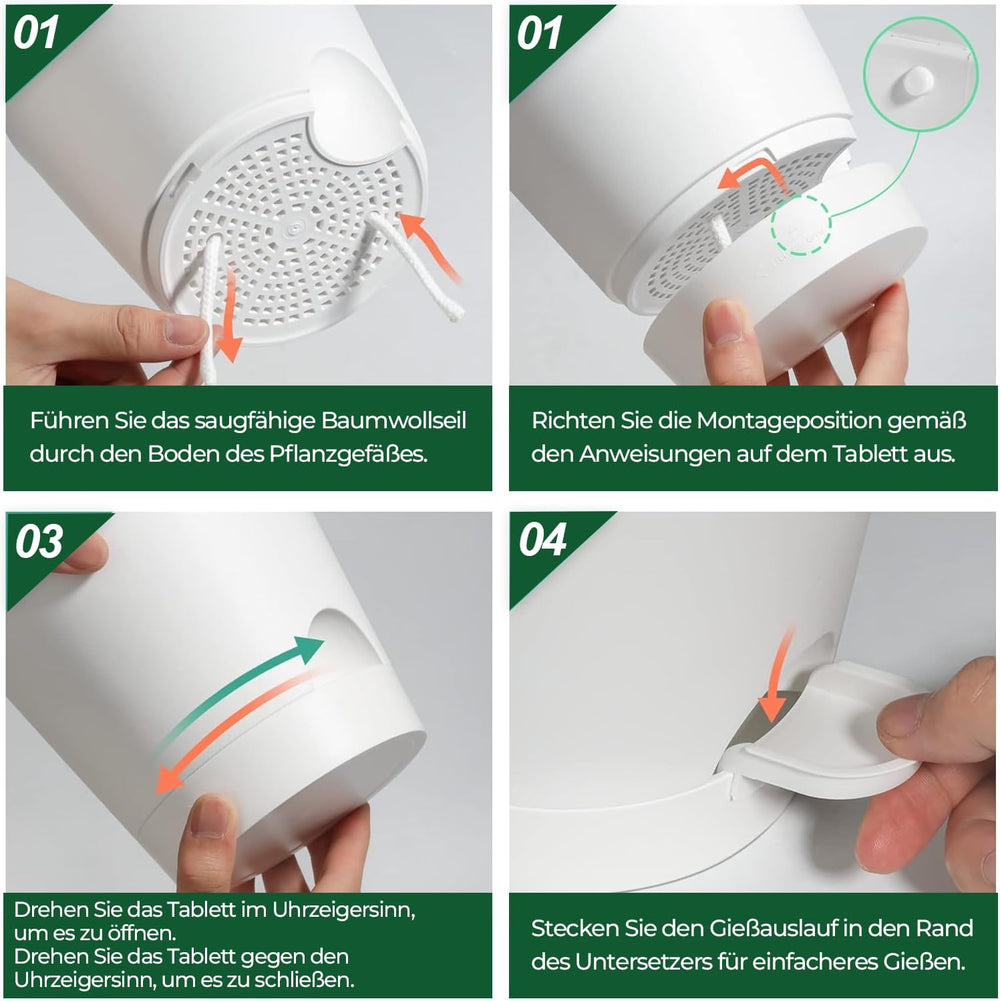 T4U 14cm plastové květináče se zavlažovacím systémem, sada 6 samozavlažovacích květináčů a podšálků, kulaté květináče pro pokojové rostliny na balkónové zahradě, sukulenty, kaktusy, bílá