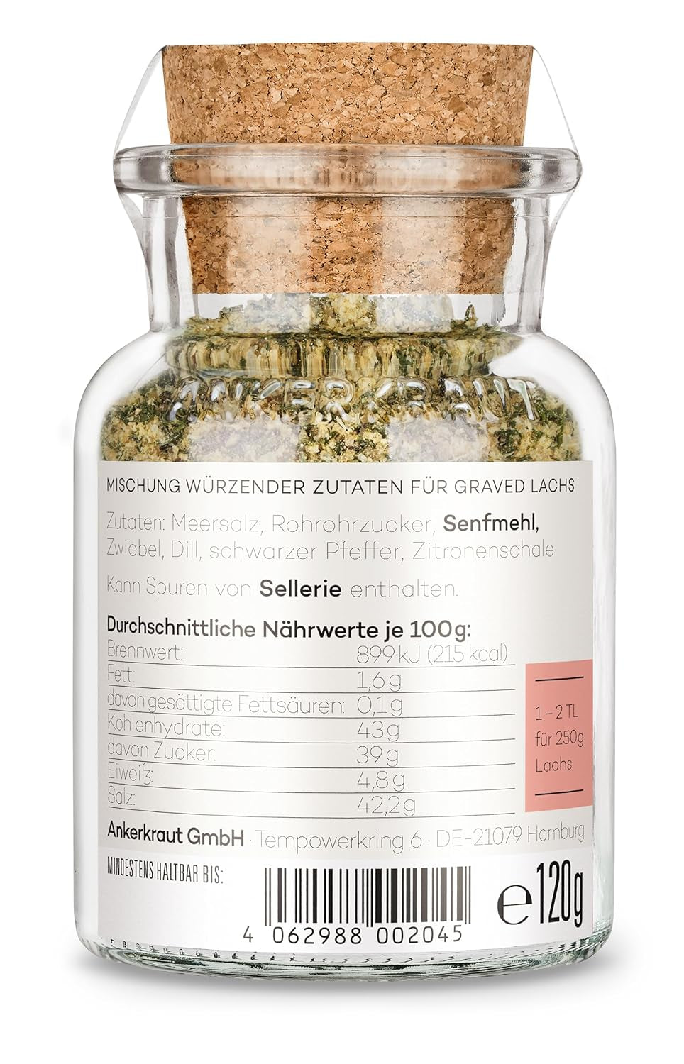 Ankerkraut Graved Losos (Švédsko), Mischung würzender Ingredient für Fisch, schwedischer Graved Losos, 120 g v korkovém skle
