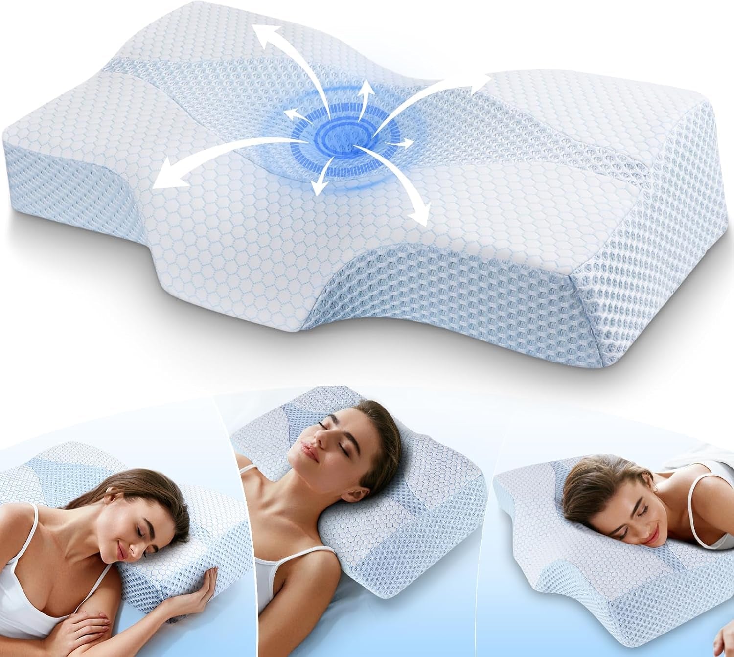 Pernă pentru gât din spumă de memorie Pernă ortopedică ergonomică Pentru dureri de gât și umeri - Pernă de dormit răcoritoare Pentru cei care dorm lateral, pe spate și pe stomac Cu suport pentru gât Perne ortopedice cervicale Naty Shop 01-albastru dimensiune standard (25 * 16 * 4.2/5.3) 01-Blue Size Standard(25"*16"*4.2"/5.3")