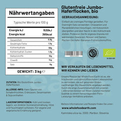 Wholefood Earth Organic Jumbo ovesné vločky, bezlepkové – 3 kg | Bez GMO | Vegan | Bohaté na vlákninu | Certifikované organické