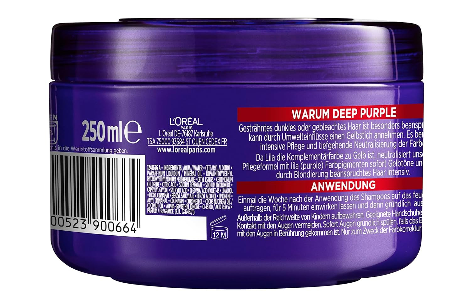 Mască de păr L'Oréal Paris Elvital pentru păr blond, evidențiat, gri, neutralizează tonurile galbene, Color Glanz Purple Deep Mask împotriva tonurilor galbene, 1 x 250 ml Masca de par Naty Shop