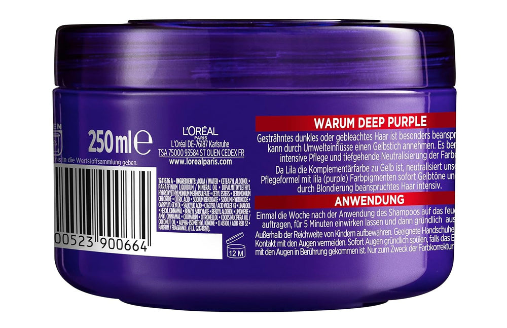 Mască de păr L'Oréal Paris Elvital pentru păr blond, evidențiat, gri, neutralizează tonurile galbene, Color Glanz Purple Deep Mask împotriva tonurilor galbene, 1 x 250 ml Masca de par Naty Shop