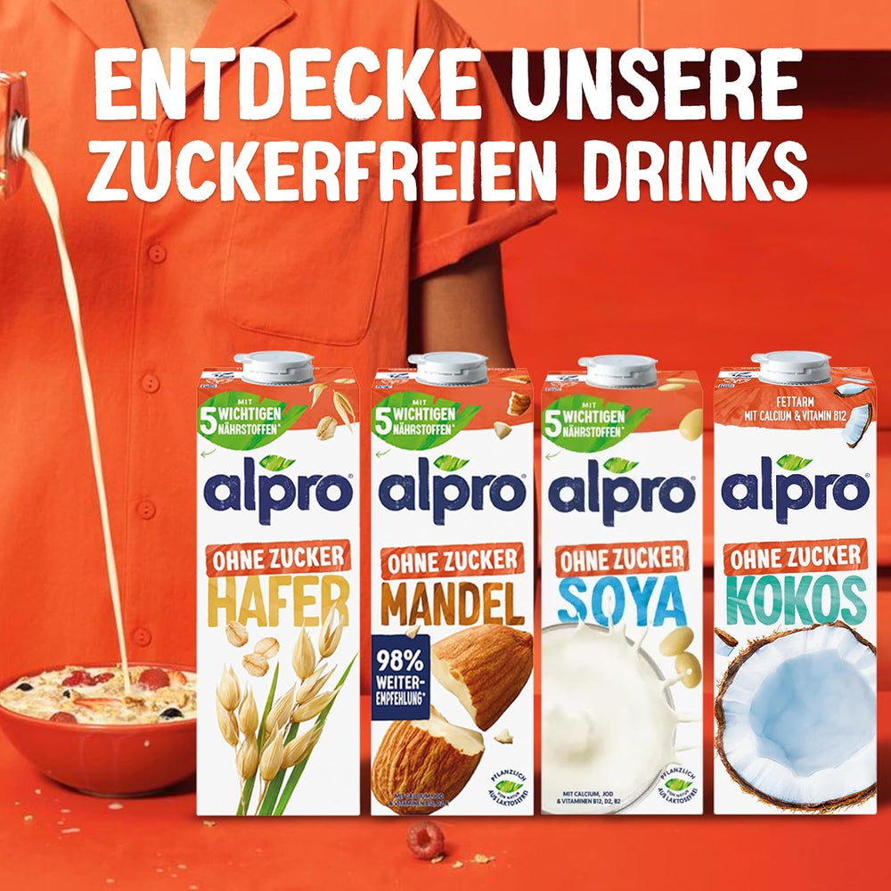 Alpro Haferdrink ohne Zucker – Milchalternative auf Haferbasis – Vegan und Lactosefrei – Bohaté na balastní látky, vápník a vitamíny – 8 x 1 l