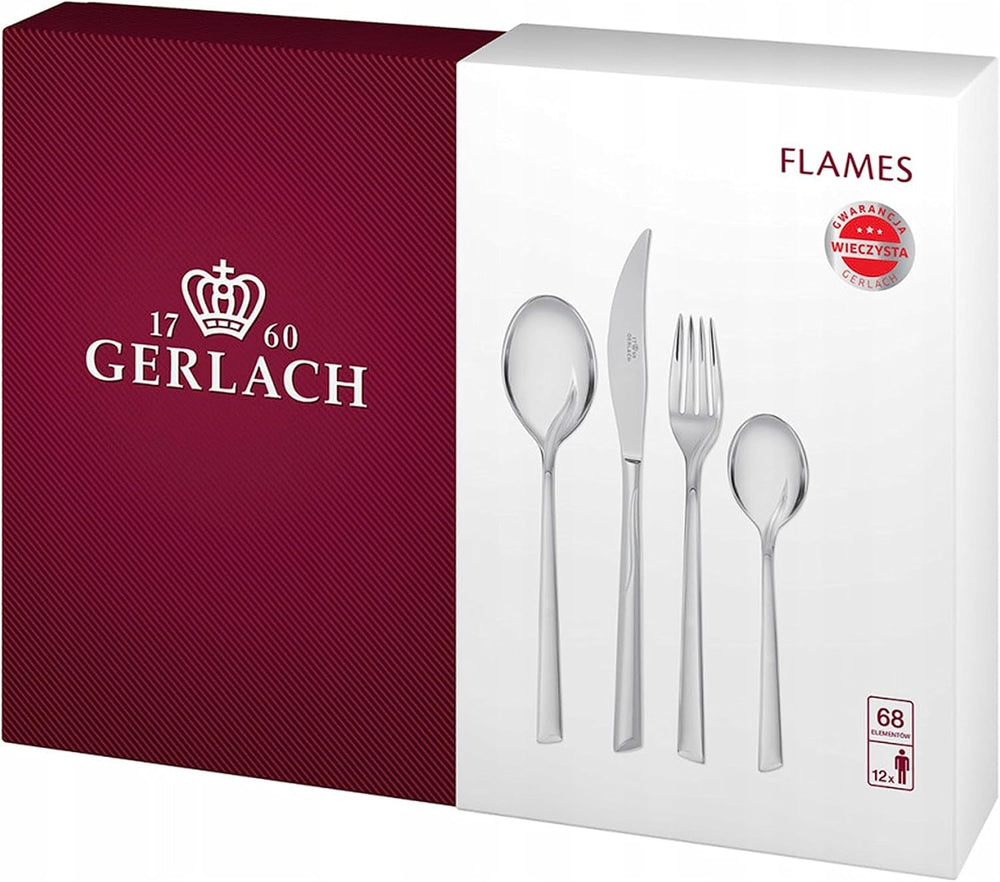 Gerlach Flames Besteck-Set 12 Personen Spülmaschinenfest Essbesteck Edelstahl Elegantes Tafelbesteck Messer Gabel Löffel Teelöffel Kuchengabel Soßenlöffel Kuchenspachtel Glänzend Rostfrei 68 Stk Bucatarie Naty Shop Silberglänzend 68 El. In Einer Schachtel