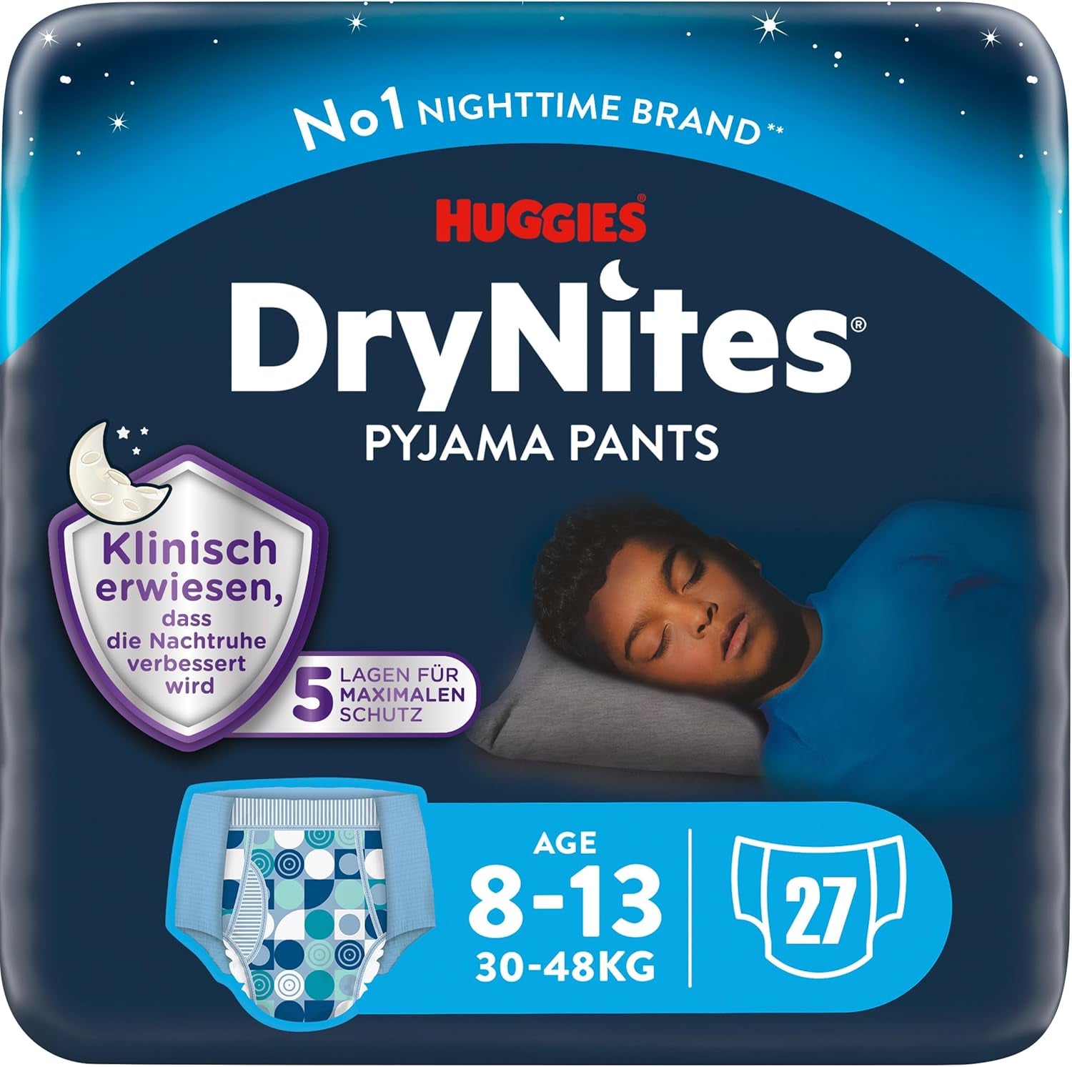 Super absorpční noční vlhčící pleny Huggies DryNites pro chlapce 8-13 let (30-48 kg) 27 (počet 3 x 9) kalhotkové plenky