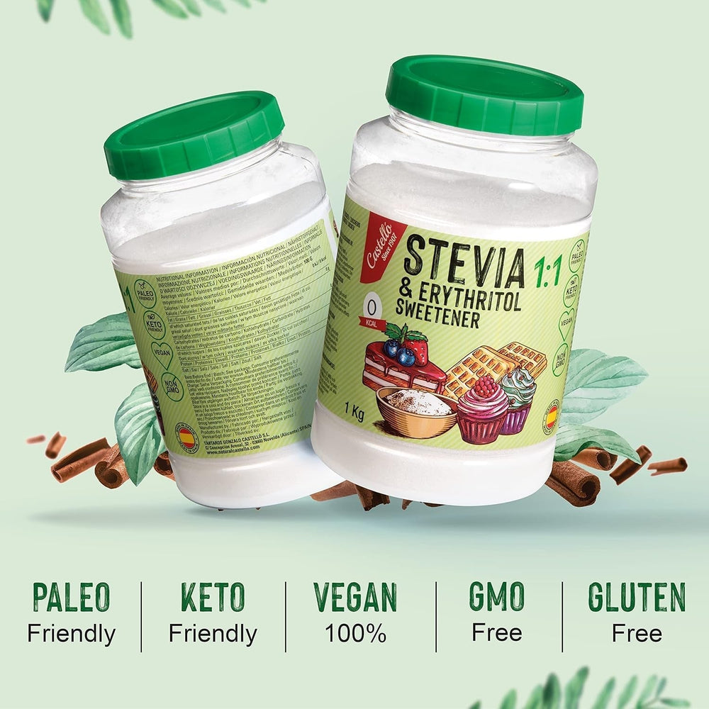 Stévie + Erythritol 1:1 Süßstoff | 1G = 1G Zucker | 100% Natürlicher Zuckerersatz - 0 kalorií - 0 Glykämischer Index - Keto Und Paleo - 0 Netto-Kohlenhydrát - Kein GVO - Castello od roku 1907-1 Kg Sladidla Naty Shop