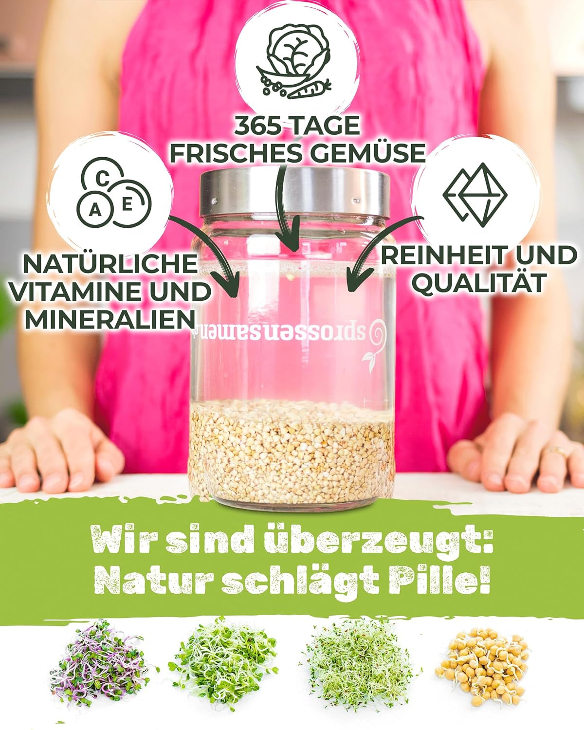 Sada nakličovacích nádob 3100 ml s dárkovou sadou - Bio Fitness Mix, Power Mix a Detox Mix, každá 75 g - Klíčící nádoba - vč. víko sklenice, stojan a sítko