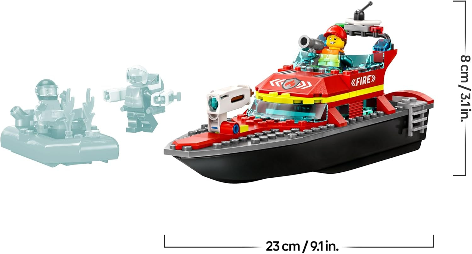 LEGO 60373 City Feuerwehrboot, Spielzeug, das im Wasser wimmt, s Rennboot, 3 minifigurky a Jetpack, Feuerwehr-Boot-Spielzeug Geschenkide für Jungen und Mädchen ab 5 Jahren