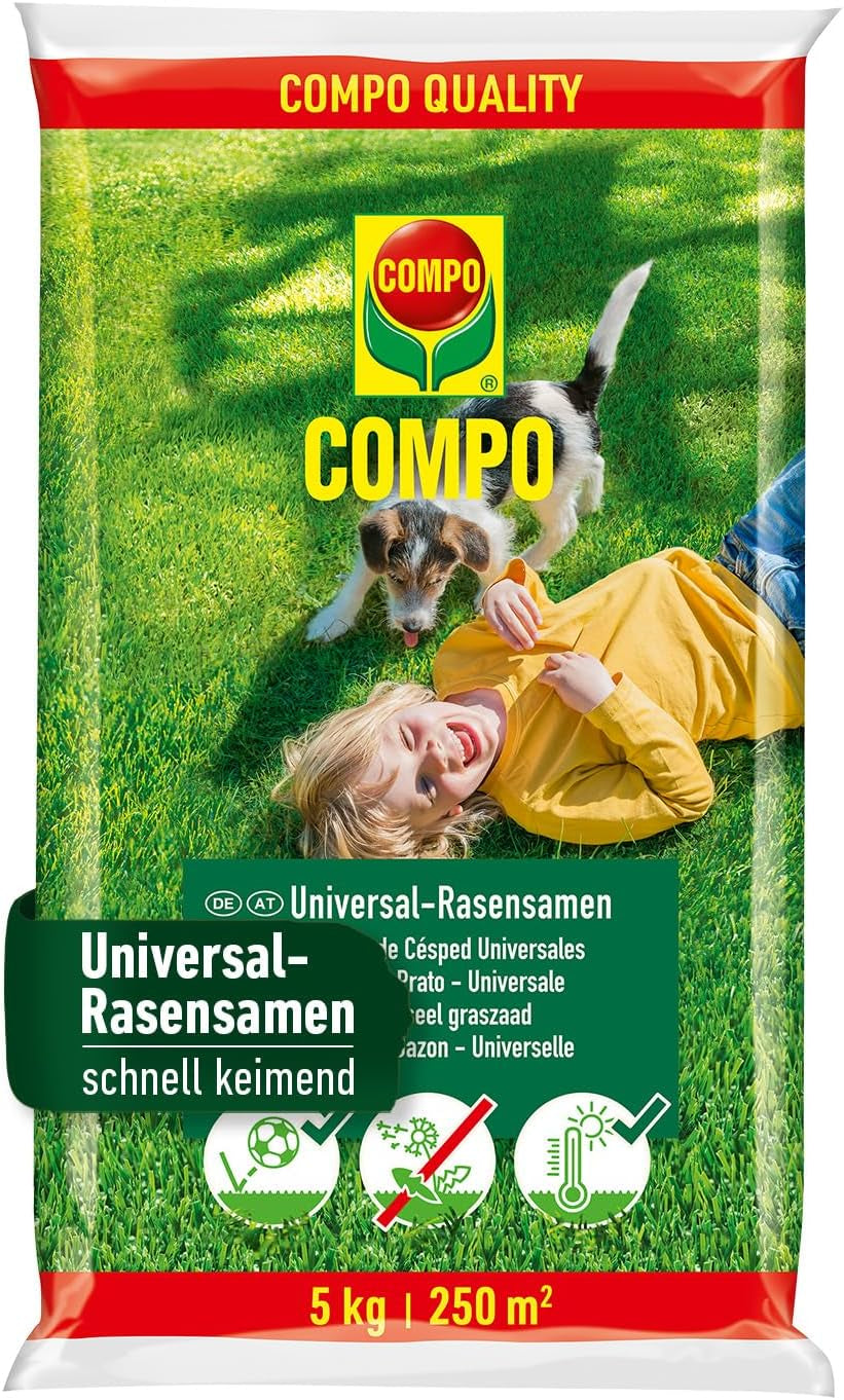 COMPO Schnell Keimende Universal Rasensamen 5Kg Für 250 M², Für Spiel- Und Sportrasen, Ideal Bei Hitze Und Trockenheit, Grün
