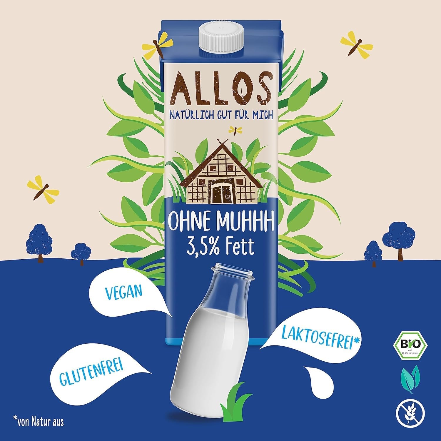 Allos Bio Ohne Muhhh 3,5 % | Milchalternativa | Drink auf Pflanzenbasis | vegan | schäumbar | ideální pro kávu bez laktózy | Zdroje vápníku a vitamínů | Reich an Protein | 1 litr (6 kusů)