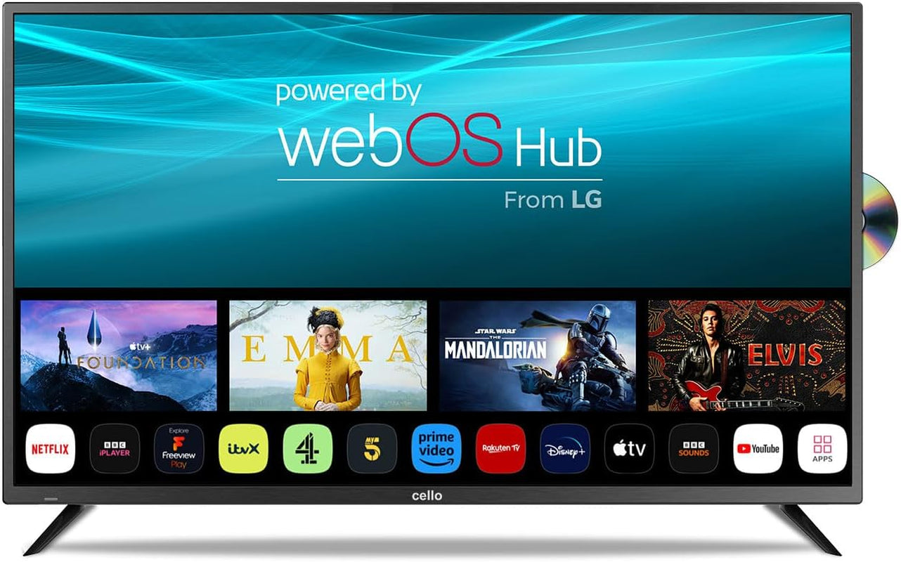 Televizor inteligent Cello C2224WSH de 22 de inci, fără ramă, alimentat de la rețea, LG WebOS, Freeview Play, FreeSat, Bluetooth, difuzoare Pitch Perfect, ideal pentru bucătărie, dormitor sau camere mici