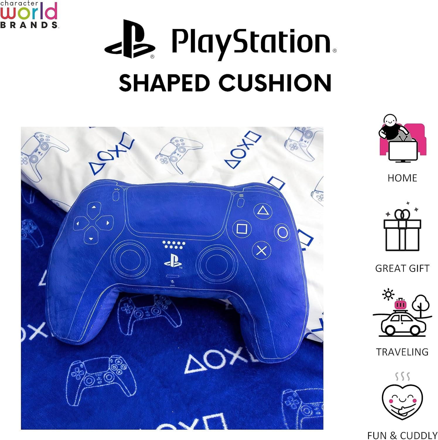 Character World: Pernă licențiată oficial în formă de controler Playstation, design de set de mână, pernă de pluș umplută | Perfect pentru dormitor sau decor de jocuri, albastru Perne standard Naty Shop