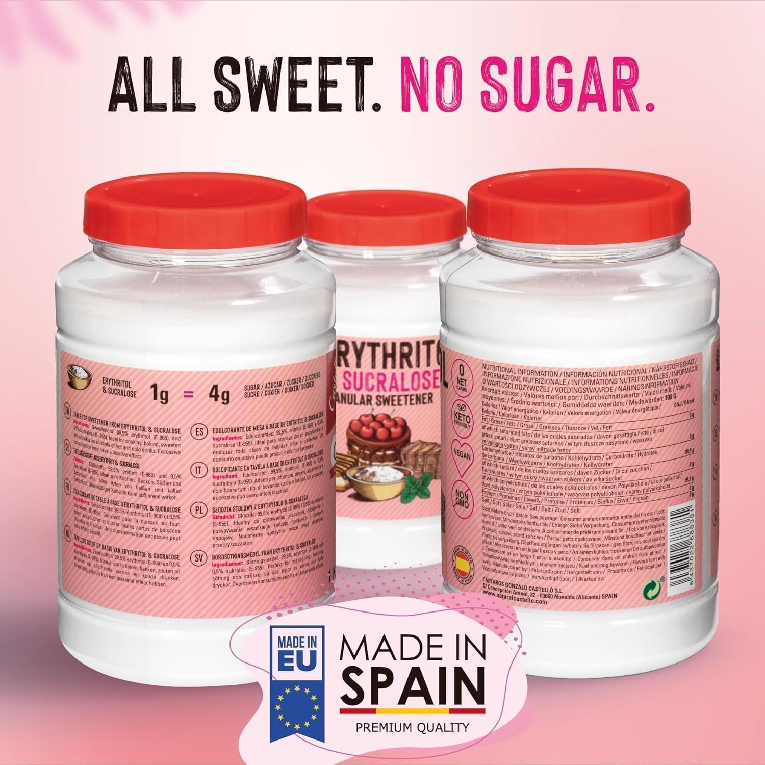 Erythritol + sukralóza 1:4 Süßstoff | 1G = 4G Zucker | 0 Netto-Kohlenhydrate - 0 Kalorie - 0 Glykämischer Index - Keto - Kein GVO - Castello od roku 1907 - 1 kg Sladidla Naty Shop