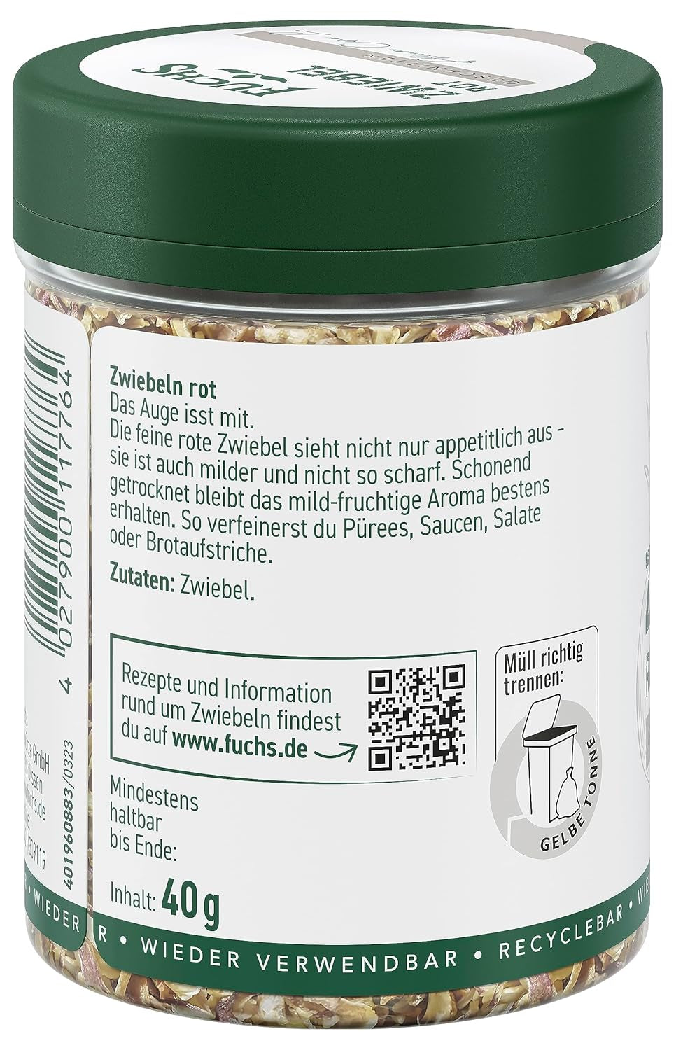 Fuchs Gewürze - Zwiebel rot geschnitten - Gewürz für Pürees, Salát oder Brotaufstriche - přírodní ingredience - 40 g v wiederverwendbarer, recyclebarer Dávka