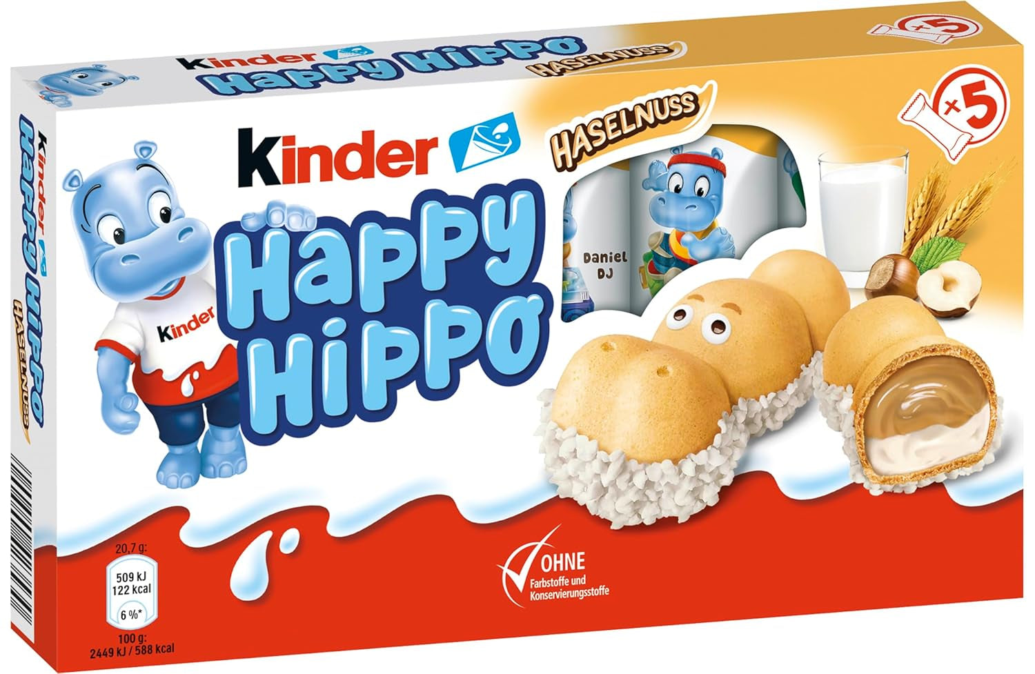 Kinder Happy Hippo Lískový ořech - Speciální křupavé oplatky s mlékem a lískooříškovým krémem - Karnevalové a Mardi Gras sladkosti - 1 balení obsahující 5 jednotlivých tyčinek po 20,7 g