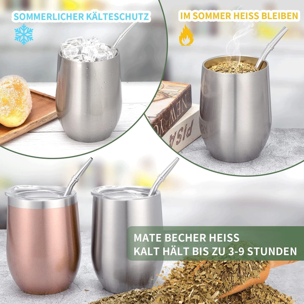 Cana modernă pentru mate 340 ml, set de căni pentru yerba mate din oțel inoxidabil cu pereți dubli izolați, cană pentru ceai mate cu capac fără BPA, bombillas și o perie de curățare (argintiu)