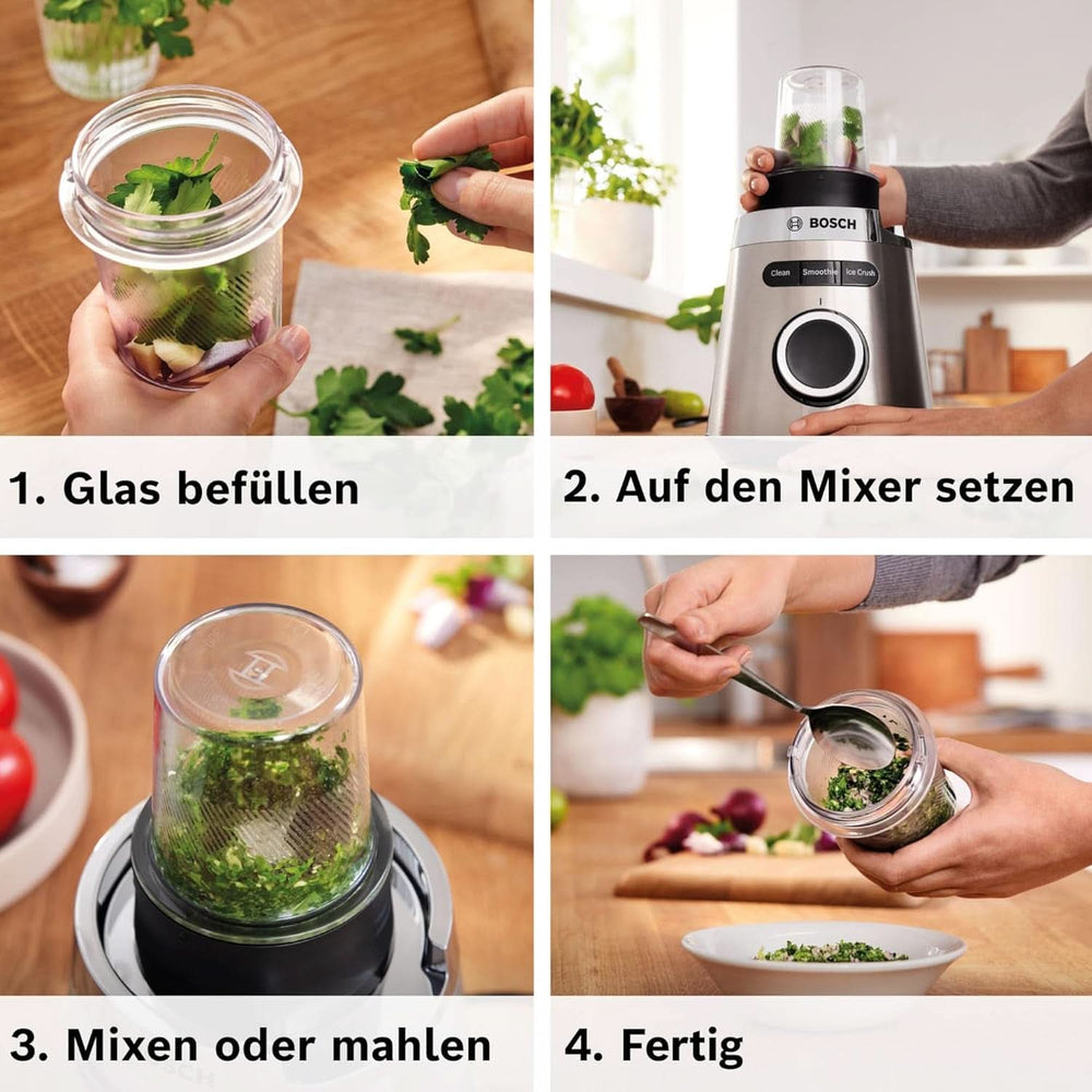 Bosch Standmixer Vitapower Serie 4 MMB6177S, Edelstahl-Klingen Made in Germany, 1,5L Thermosafe Glasbehälter, 0,6L To-Go-Flasche, Stopfer, Universalzerkleinerer, 30 000 U/Min, 1200 W, Silver Kitchen Naty Shop